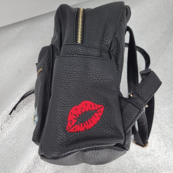 Black Faux Vegan Leather Backpack Applique Heart Lips Eye Flower Kidcore‎ Funky - Picture 7 of 11